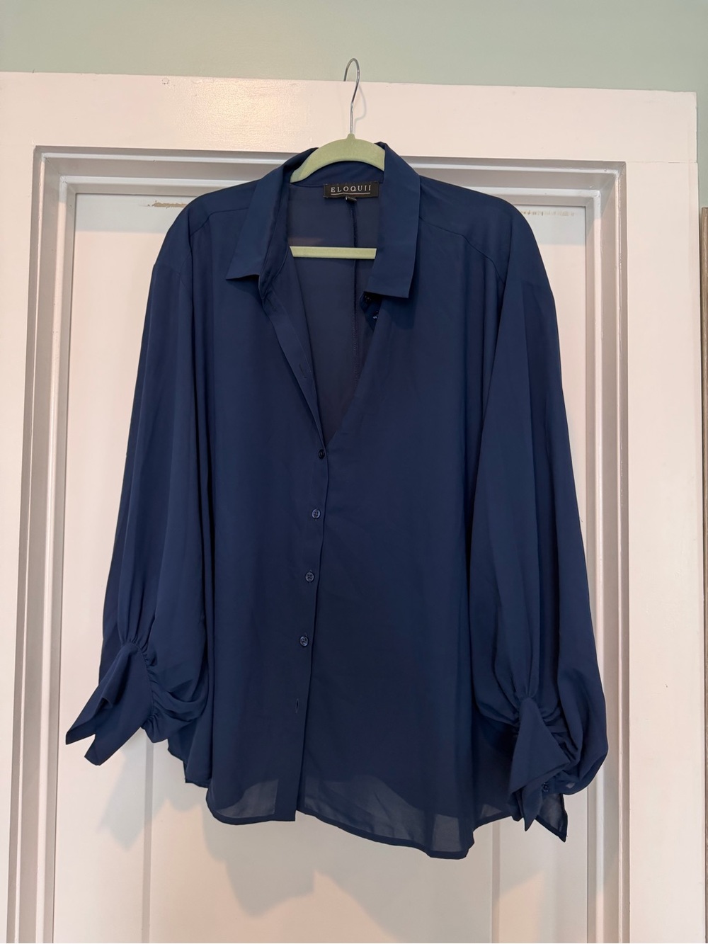 Eloquii Navy Button-Front Blouse with Tie Balloon Sleeves